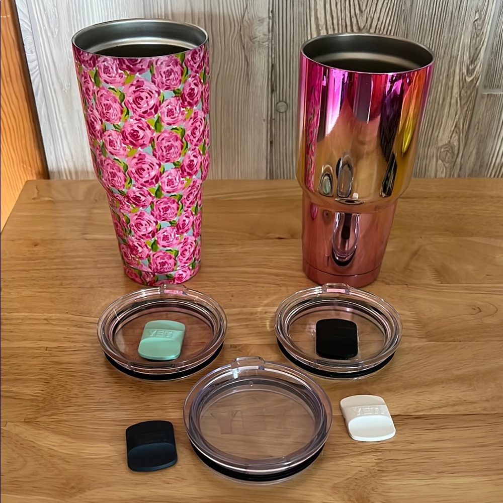 Yeti Pink Floral and Metallic Tumblers with Lids
